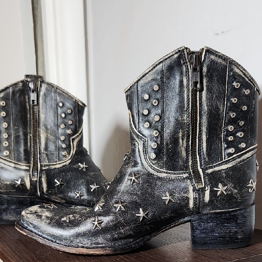SENDRA Sara Raspado Black Star Studded Cowboy Boots  Distressed Side Zip 38 8 - Picture 3 of 15